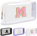 UIXIZQ Personalized Initial Letter Clear Makeup Bag,Preppy Small Nylon&PVC Cosmetic Zipper Bag with Chenille Letter,Travel Skincare Toiletry Bag,Monogram Christmas Gift for Teen Girls Women,M