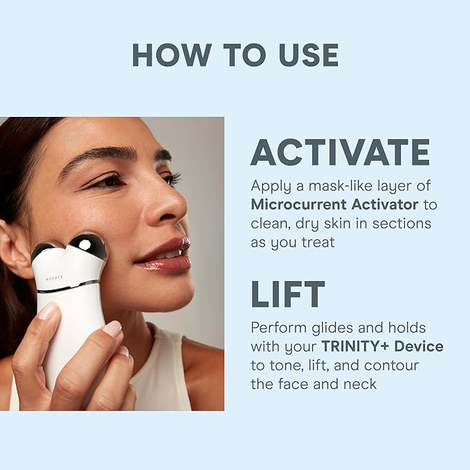 NUFACE Trinity+ Skin Tightening & Face Lift Device - Microcurrent Facial Sculpting Tool to Contour Cheeks, Jawline & Neck, 3 Frequencies, Supports Lymphatic Drainage + Activator Gel, White