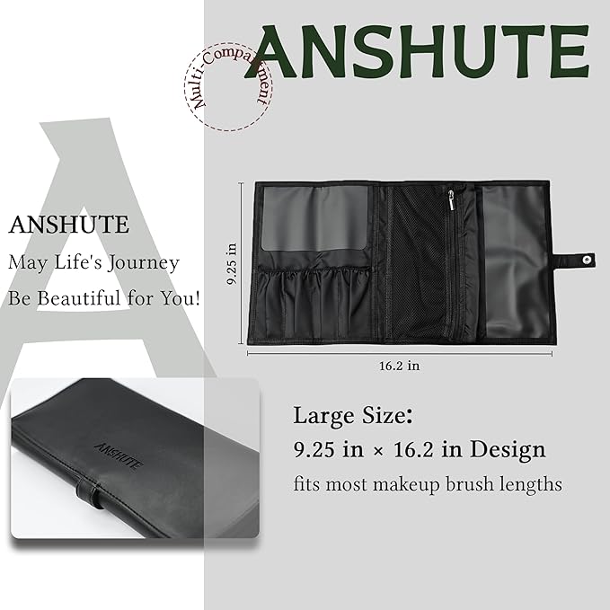Anshute Travel-Ready Makeup Brush Organizer，Makeup brush holder travel Bag, Black - Multi - Zone PU Leather Cosmetic Case, roll up makeup bag organizer, Makeup Brush Case