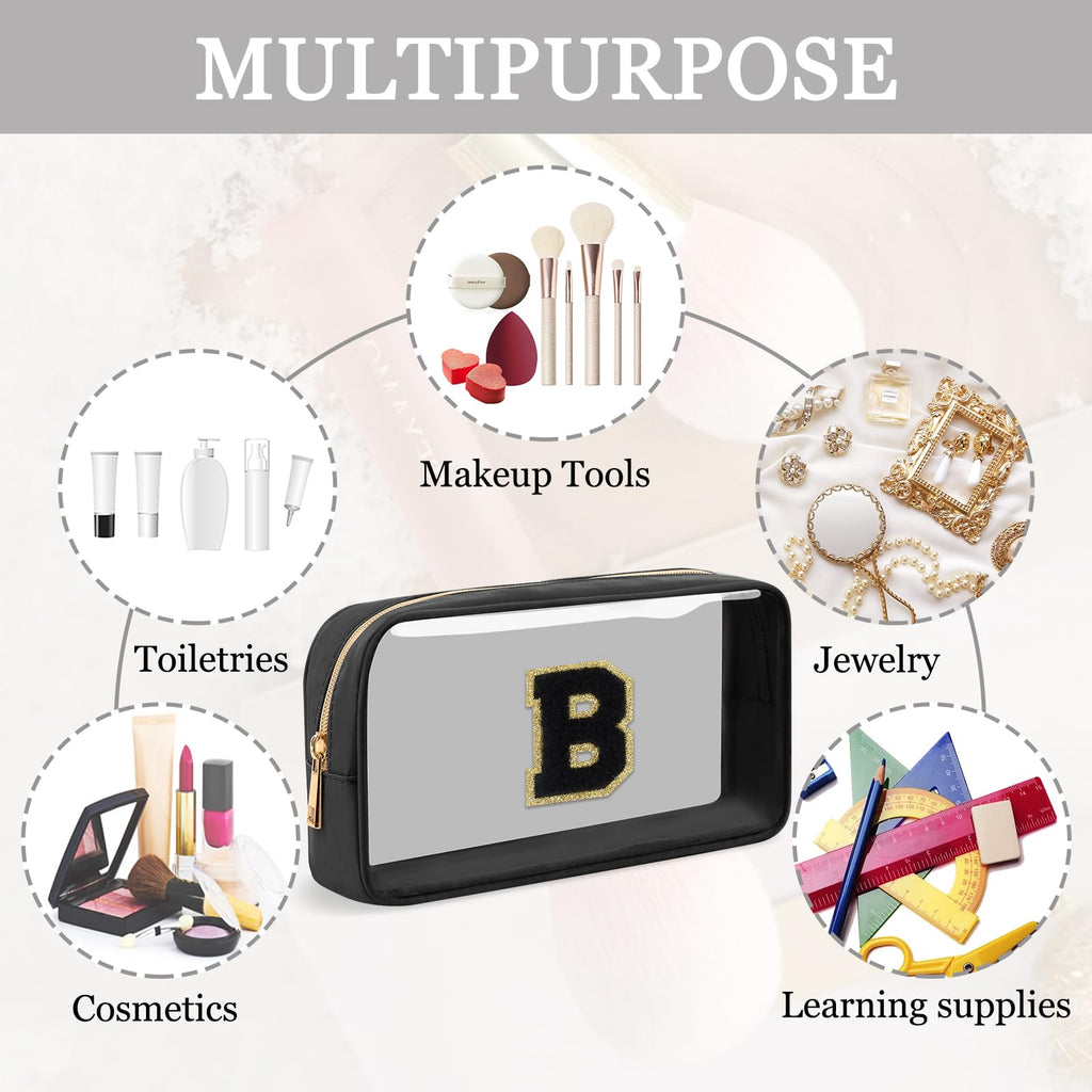 Small Clear Personalized Initial Makeup Bag,Nylon Preppy A-Z Chenille Letter Patch Cosmetic Pouch Beach Toiletry Bag,Waterproof Zipper Travel Purse Storage Bag Organizer for Women Girls(Black-Black B)