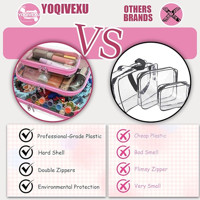 YOQIVEXU 3 Pcs Clear Hard Zipper Case, Hard Shell Plastic Clear Organizer Bag, Transparent Makeup Pouches, Portable Box for Travel Toiletries Storage Bins (Pink, Multi)