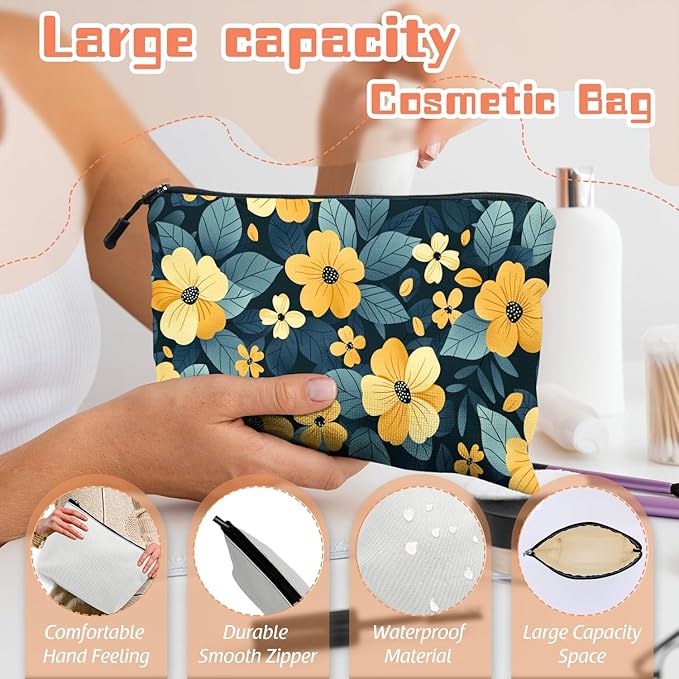 Scribesense Cosmetic Bags Travel Makeup Toilet Case Waterproof Pouch for Women Girls 6.7X9.45inches - Pattern of Yellow Flowers on A Dark - Teal Background