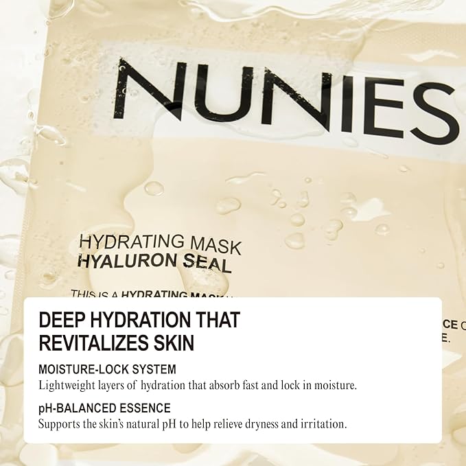 NUNIES Hyaluronic Hydrating Sheet Mask – Korean Moisturizing Face Mask for Dry & Sensitive Skin | Trehalose, Allantoin & Panthenol | Water Essence | Korean Skincare | Fragrance-Free | 5 Sheets