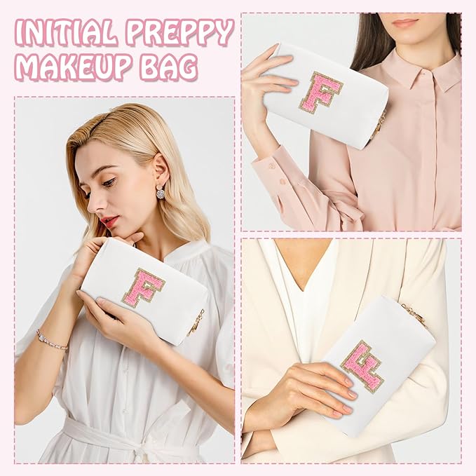 Small Initial Preppy Makeup Bag, Personalized Travel Cosmetic Organizer Chenille Letter White Toiletry Zipper Pouch, Portable Waterproof Makeup Case Gifts for Friends Female Friendship(Letter F)
