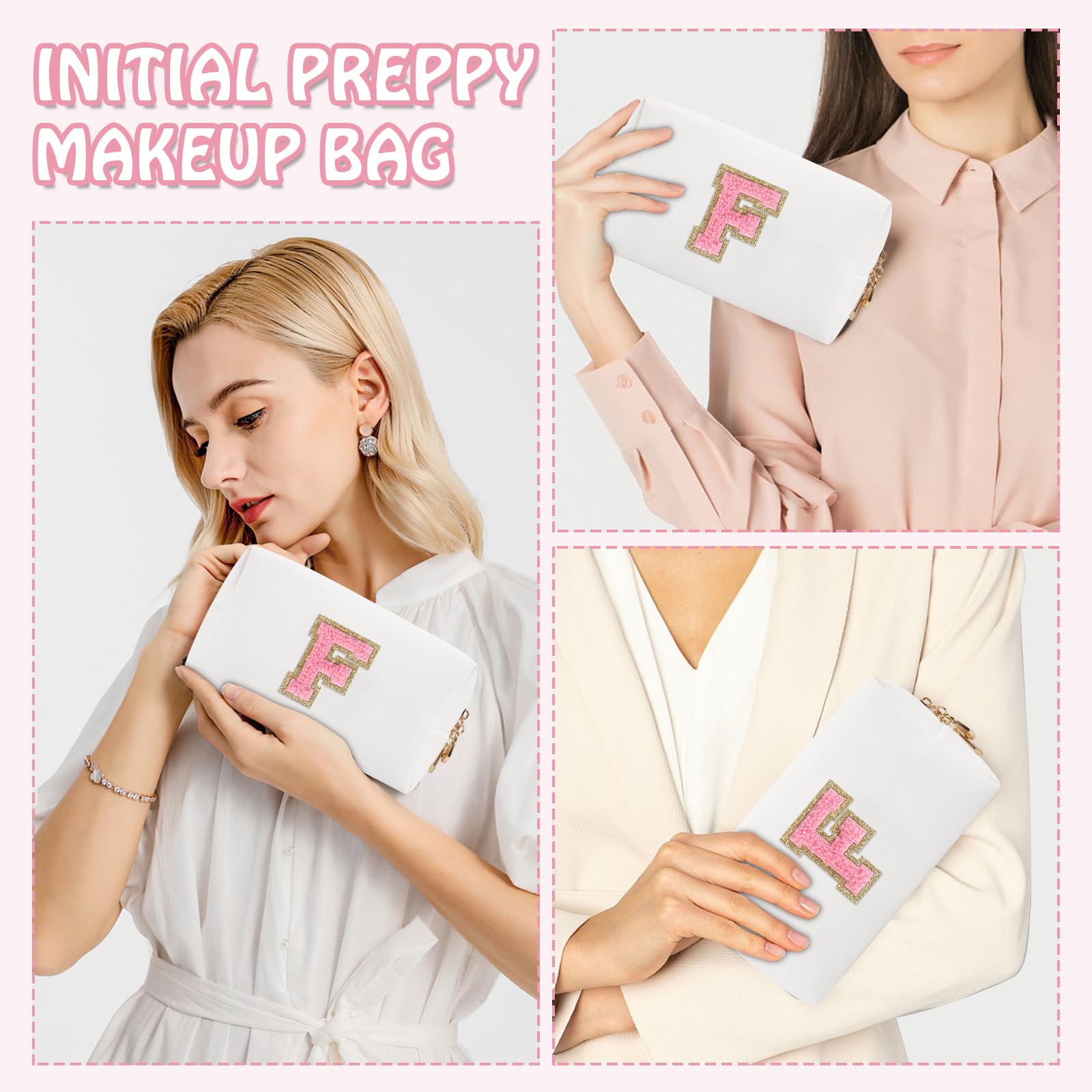Small Initial Preppy Makeup Bag, Personalized Travel Cosmetic Organizer Chenille Letter White Toiletry Zipper Pouch, Portable Waterproof Makeup Case Gifts for Friends Female Friendship(Letter F)