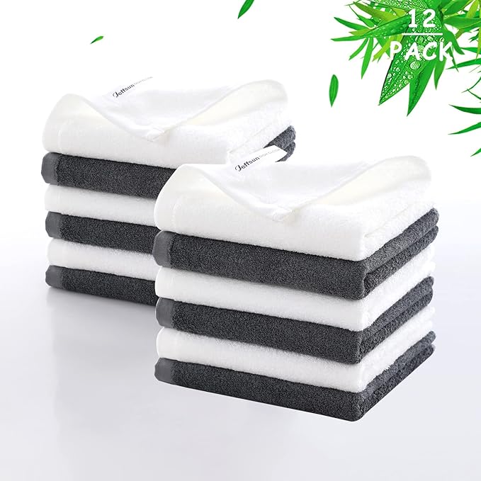 Wash Cloth 12 Cnt,Large Face Towel for Sensitive Skin,13x13 in,White+Grey