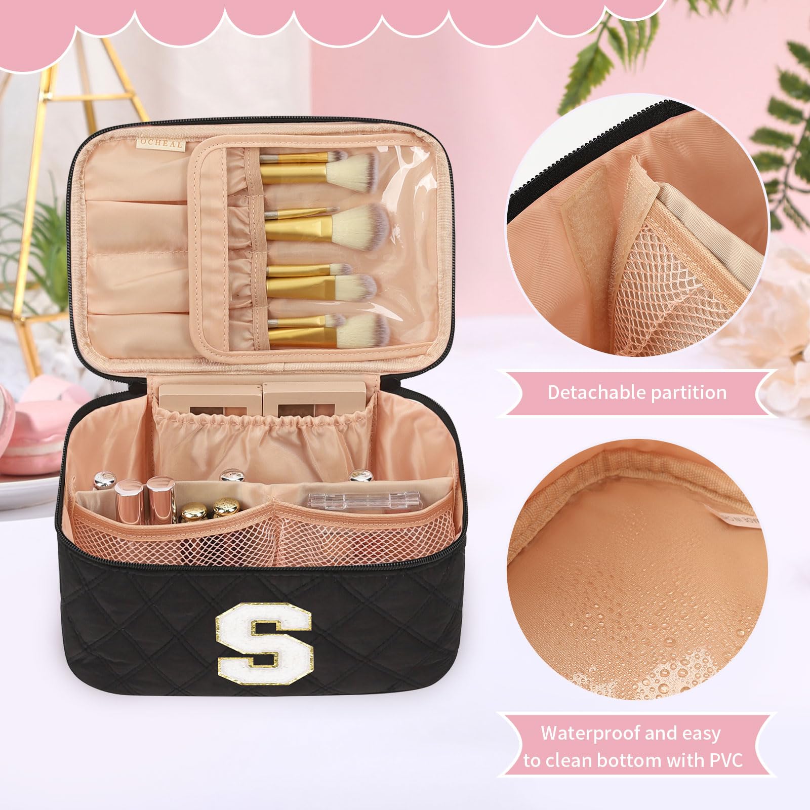 OCHEAL Makeup Bag for Women, Monogram Cosmetic Bag Black Travel Makeup Case Beauty Toiletry Bag Organizer Personalized Gifts for Girls Bridesmaid, Sister, Wife, Friends Initial S