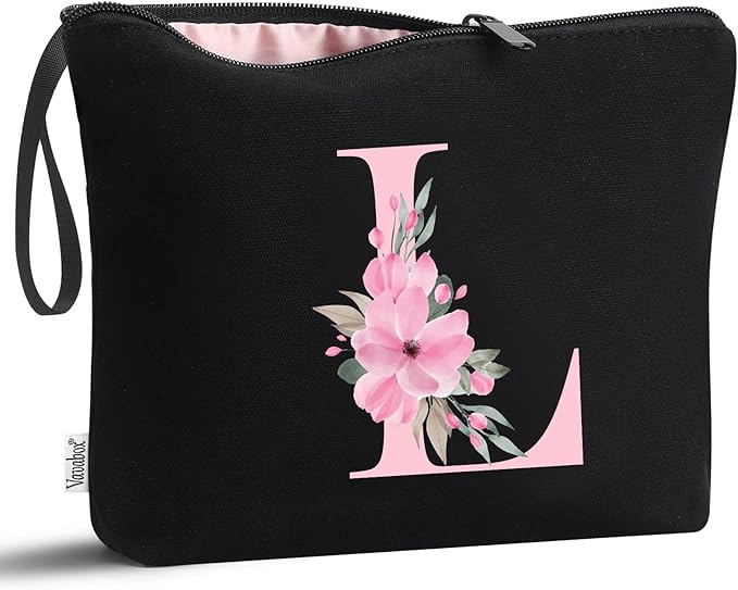 Vavabox A-Z Personalized Makeup Bag, Birthday Gifts for Women Mom, Gifts for Best Friend, Bride Bridesmaid Cosmetic bag (L, 02-Black)