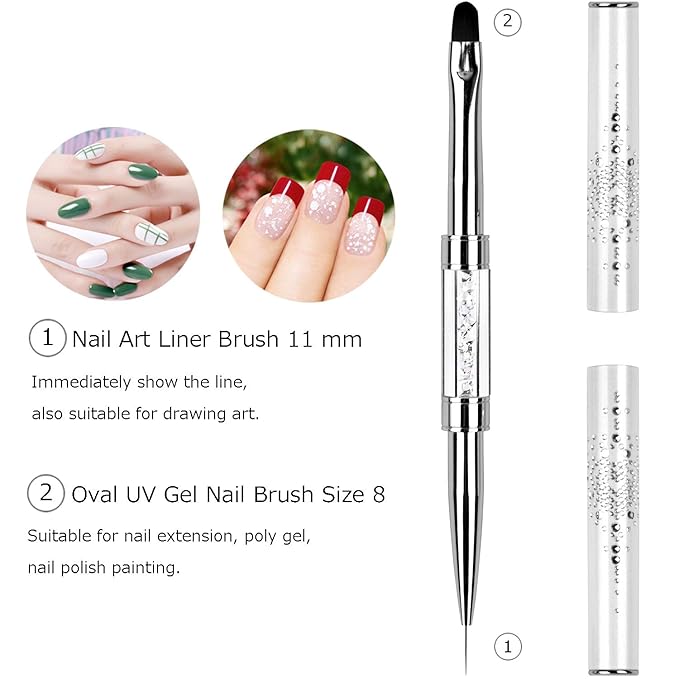 Ycyan 1Pcs Dual-ended UV Builder Gel Nail Brush Rhinestone Handle Nail Art Liner Brush Polygel Hard Gel Nail Brushes White