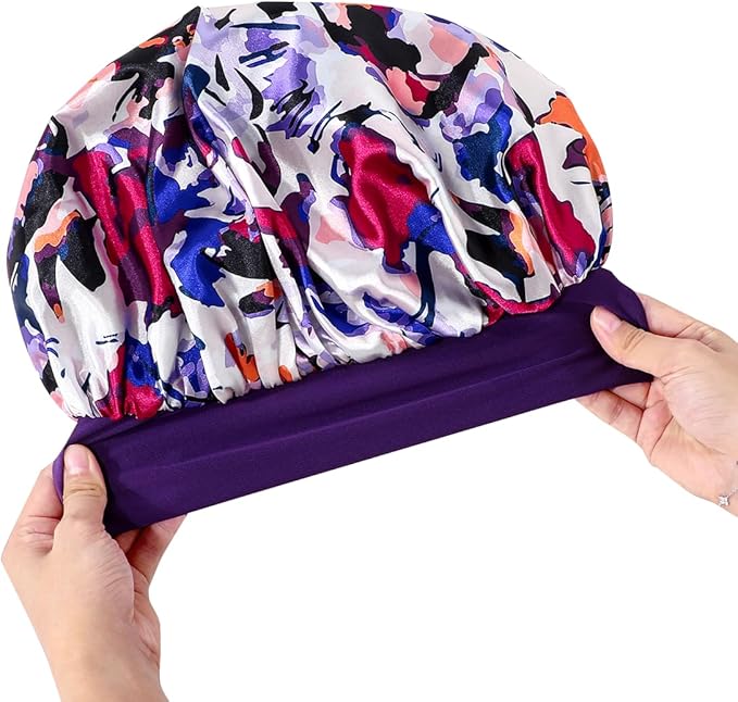 GDTOGRT Satin Silk Bonnet for Sleeping Women, Double Layer Sleep Hair Bonnets Caps for Curly Natural Hair with Tie Band - Purple-Mix