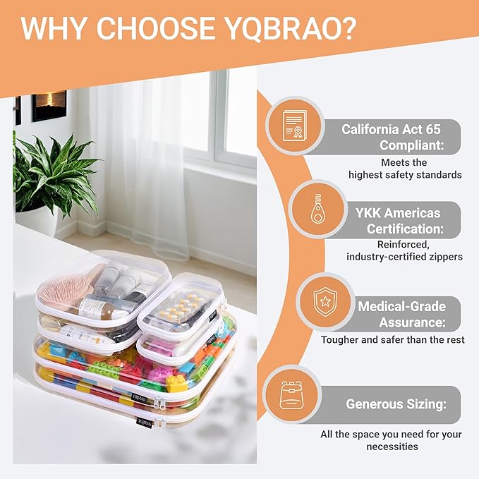 YQBRAO 6 Pack Clear Hard Shell Zipper Case, 1.2mm Heavy Duty Crush-Proof Diaper Bag Organizer Pouches, TSA Approved Travel Makeup Bag for Toiletries & Electronics, (2L, 2M, 2S) Multi-Size Storage Set