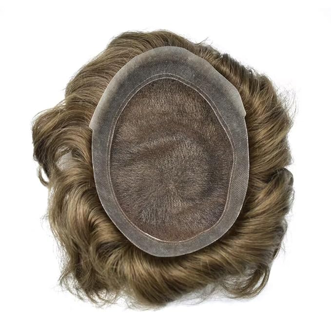 F M FACE MIRACLE NEW YORK Mens Toupee Human Hair Piece French Lace Toupee for Man Hair System Indian Human Hair Replacement Systems V-Looped PU Front Hairpieces 6"X9" 6# LIGHT BROWN