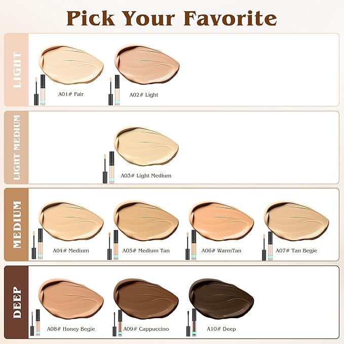 Full Coverage Liquid Concealer, Foundation Makeup for Older Women, Covers Blemishes & Under-Eye Circles, Spots, Matte Finish, Hydrating Primer for Correct, 0.06 fl oz, Vegan & Cruelty-Free 10#Deep