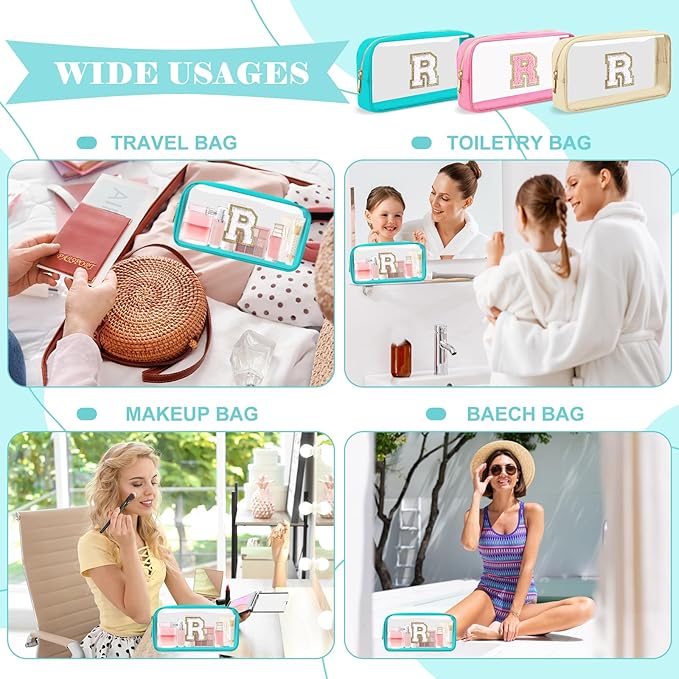 Personalized Initial Letter Clear Makeup Bag,Preppy Small Nylon&PVC Cosmetic Zipper Bag with Chenille Letter,Portable Beach Travel Skincare Toiletry Bag,Trendy Monogram Gift for Teen Girls Women,R