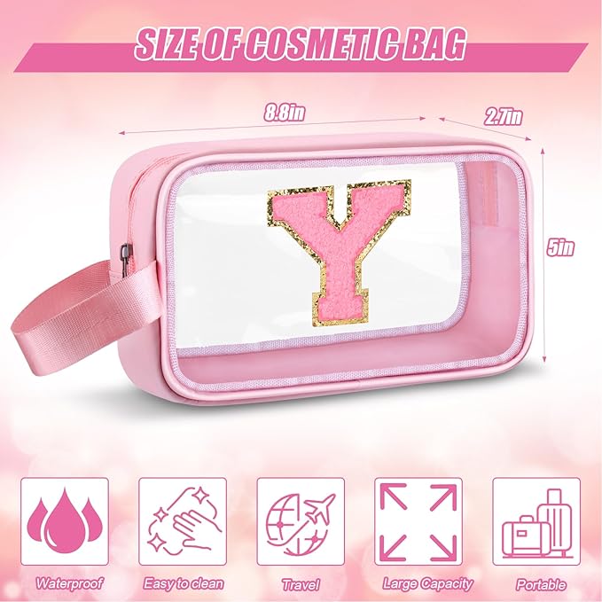 Vodolo Initial Makeup Bag,Letter Y Cute Clear Monogrammed Cosmetic Travel Bag for Womens Girls,Personalized Pink Aesthetic Traveling Make Up Organizer Bag for Beach,Waterproof Toiletry Bag