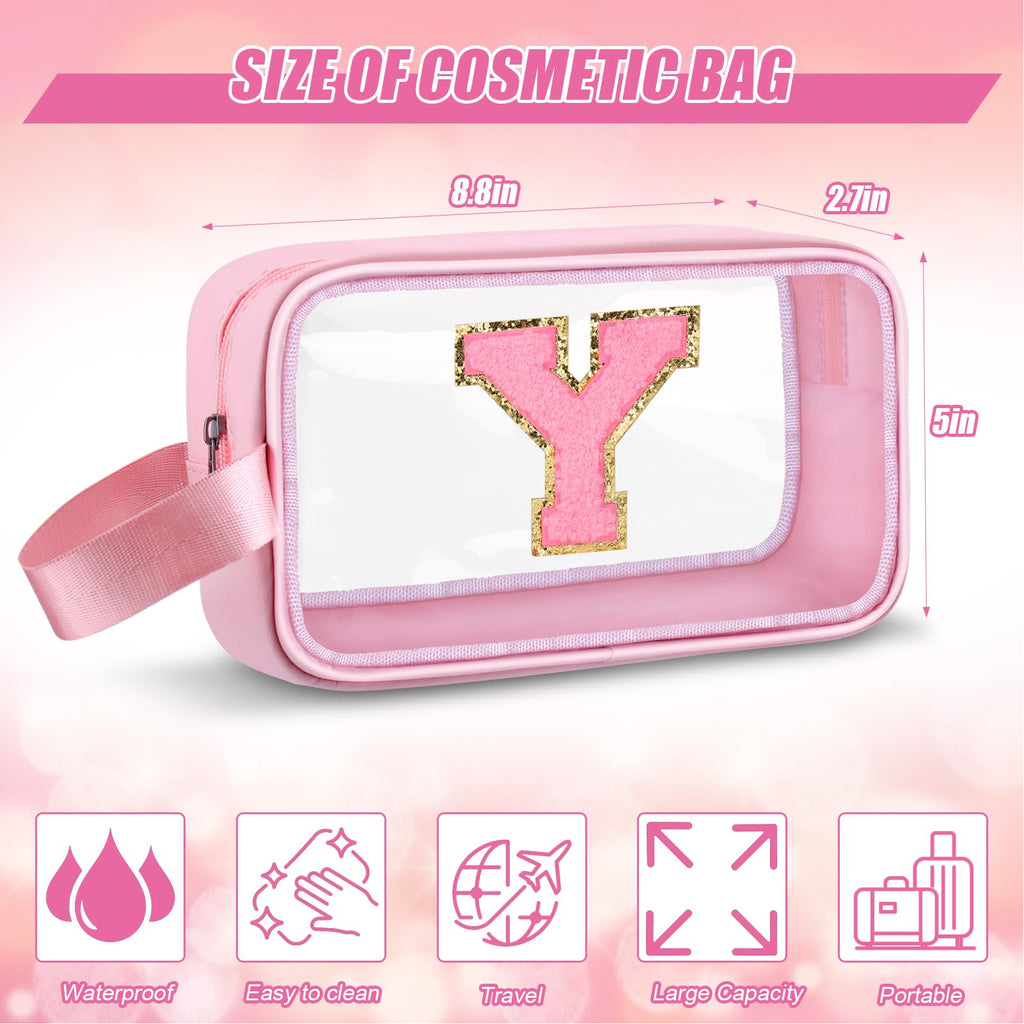Vodolo Initial Makeup Bag,Letter Y Cute Clear Monogrammed Cosmetic Travel Bag for Womens Girls,Personalized Pink Aesthetic Traveling Make Up Organizer Bag for Beach,Waterproof Toiletry Bag