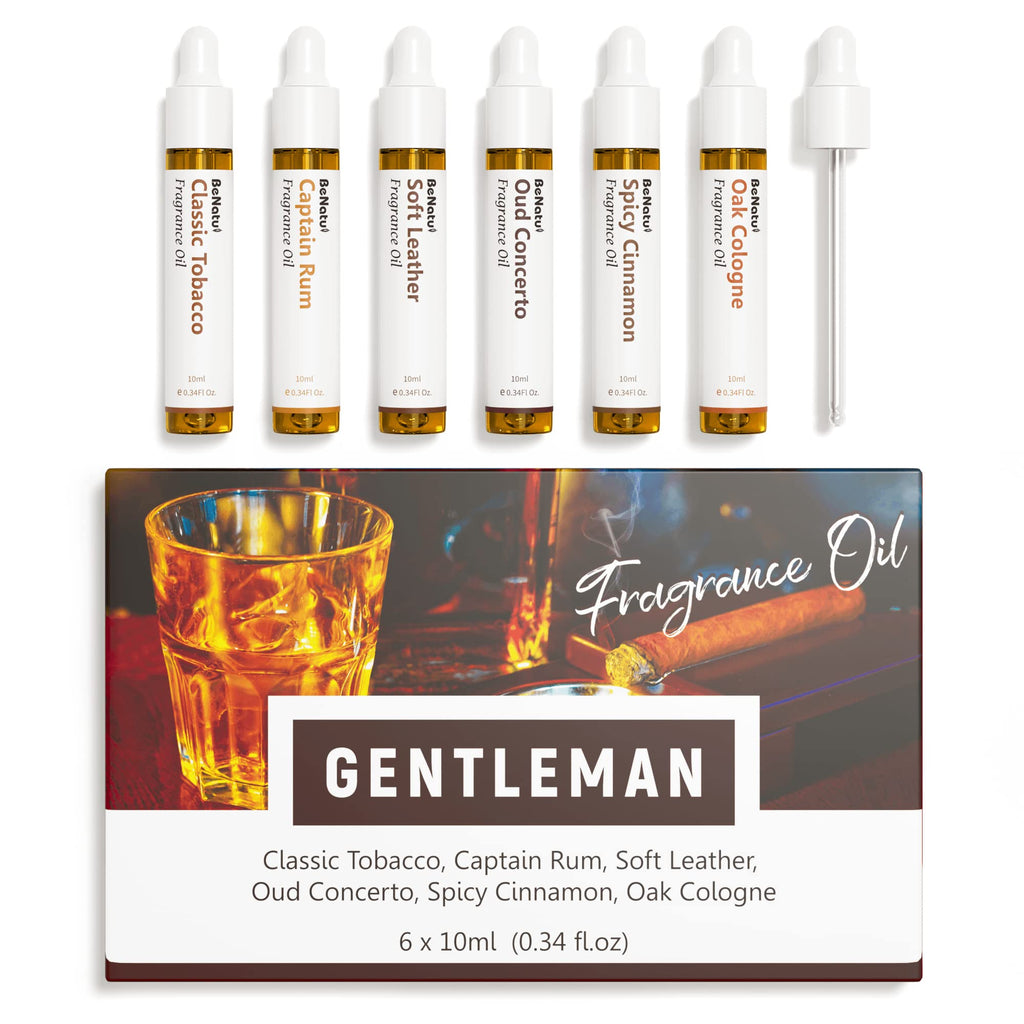 Benatu Gentleman Premium Fragrance Oils Set for Diffuser - Men Scents Perfume Oil Gift for Home (Classic Tobacco, Captain Rum, Soft Leather, Oud Concerto, Spicy Cinnamon, Oak Cologne) 6 Pcs