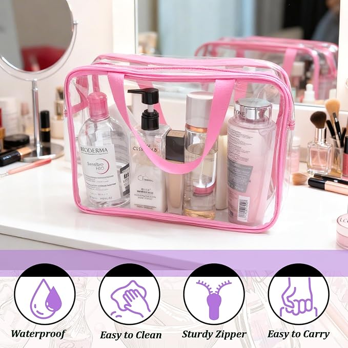 YOQIVEXU 4 Packs Large Clear Toiletry Bag, Waterproof Clear Makeup Cosmetic Organizer Bags with Handle, Transparent Handbag with Zipper for Travel Airport Airline Vacation