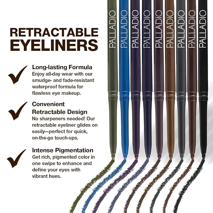 Palladio Retractable Waterproof Eyeliner, Richly Pigmented Color and Creamy, Slip Twist Up Pencil Eye Liner, Smudge Proof Long Lasting Application, All Day Wear, No Sharpener Required, Black Brown