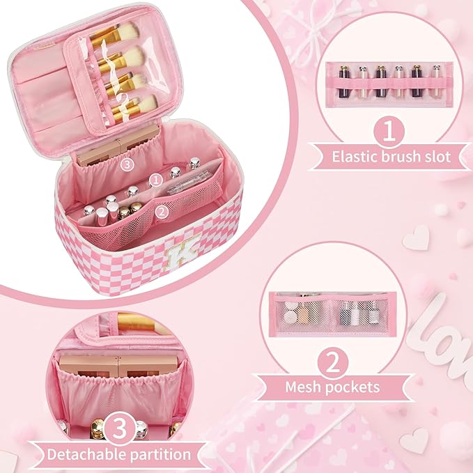 OCHEAL Makeup Bag for Women, Monogram Cosmetic Bag Pink Travel Makeup Case Beauty Toiletry Bag Organizer Personalized Gifts for Girls Bridesmaid, Sister, Wife, Friends Initial K