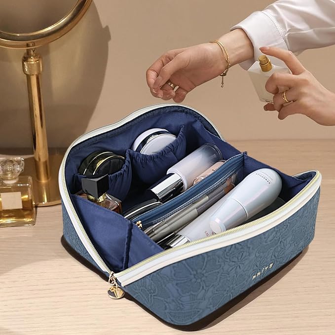Prite Makeup Bag Travel Toiletry Bag Open Flat Cosmetic Organizer for Women