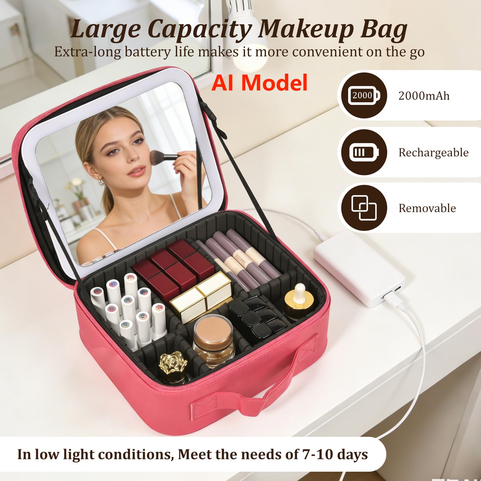 Yaliang Travel Makeup Bag, Portable Makeup Case with LED Mirror, Removable Mirror with 3 Color Modes, 8 Adjustable EVA Dividers for Brushes Toiletry Jewelry Digital Accessories, Barbie Pink