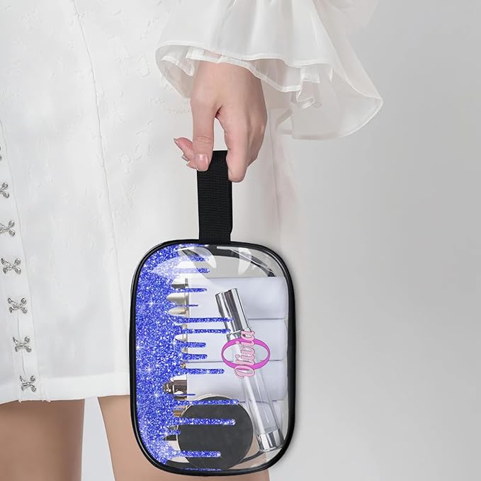 KFNHN Personalized Clear Makeup Bag with Name, Best Friends Teen Women Mom Birthday Gift Transparent PVC Toiletry Travel Bag for Toiletries, Shiny Bling Royal Blue Fluid Shape Glittery