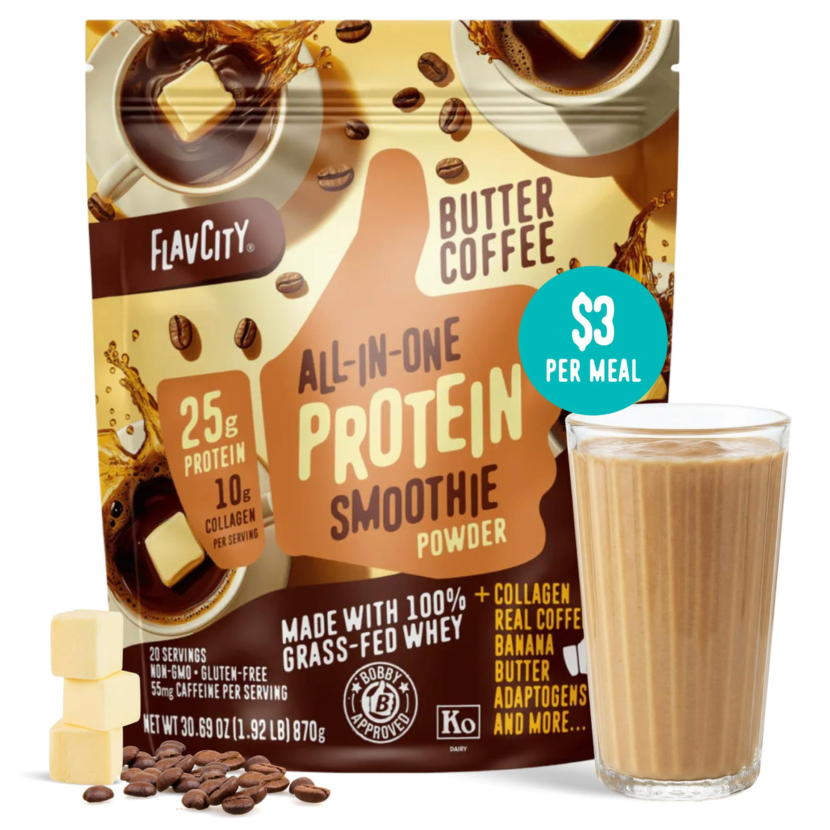 FlavCity Grass Fed Whey Chocolate Protein Powder - Chocolate Peanut Butter - 25g Protein & 10g Collagen - Made with Organic Cocoa & Coconut Milk - Gluten Free & No Added Sugars (20 Servings)