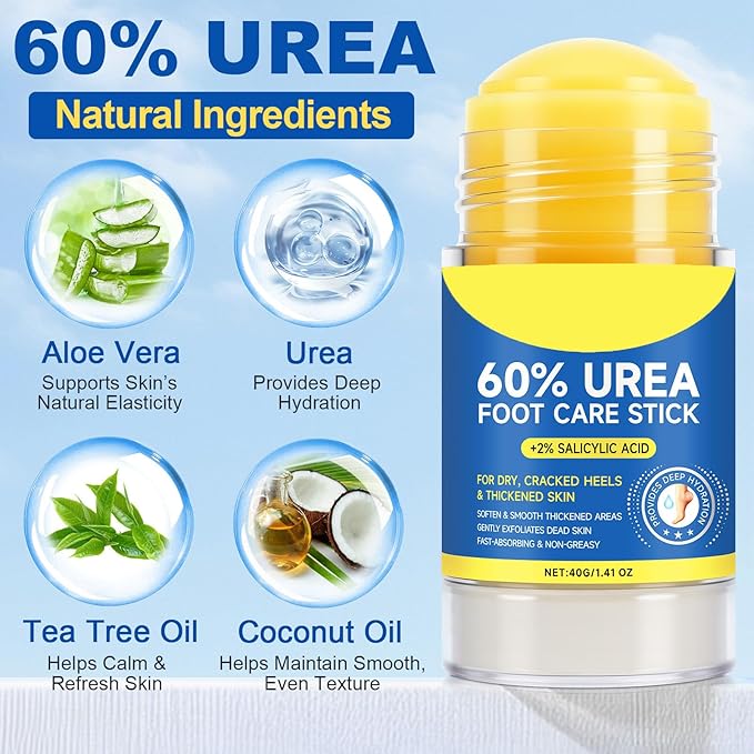 ConfidMiss Foot Care Stick with 60% Urea 2% Salicylic Acid Aloe Vera coconut tea tree oil, Foot Callus Dead Hard Skin Remover Moisturizer for Rough Dry Cracked Feet, Knees, Elbows, Hands Repair Stick
