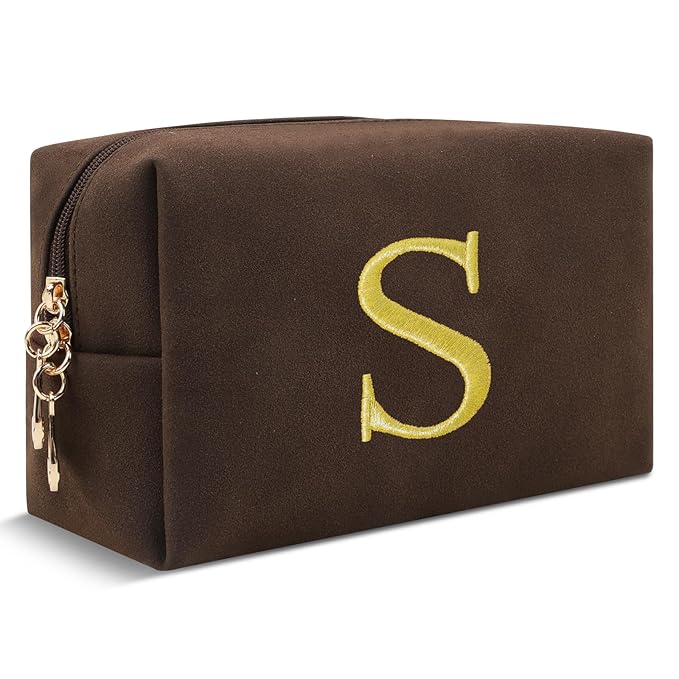 Personalized Initial Makeup Bag,Preppy Suede Cosmetic Bag for Teen Girls,Small Monogram Travel Toiletry Bag With Gold Embroidered Letter,Trendy Stuff Custom Christmas Gift for Women(Coffee-S)