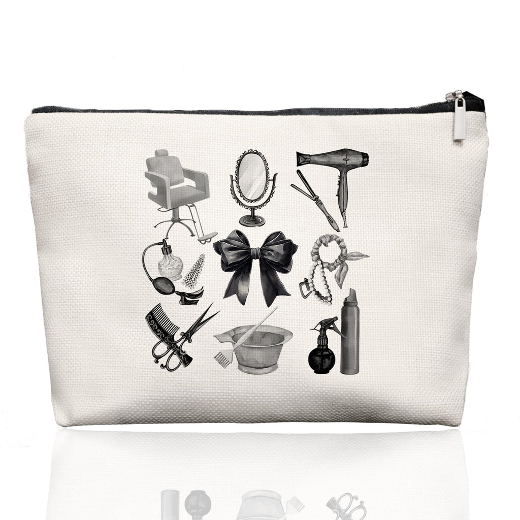 EKGJW Black & White Hairstylist Makeup Bag, Aesthetic Salon Travel Organizer, Cosmetology Student Gifts for Women, Hairdresser Accessories Pouch for Teen Girls, 7.5 x 10 in