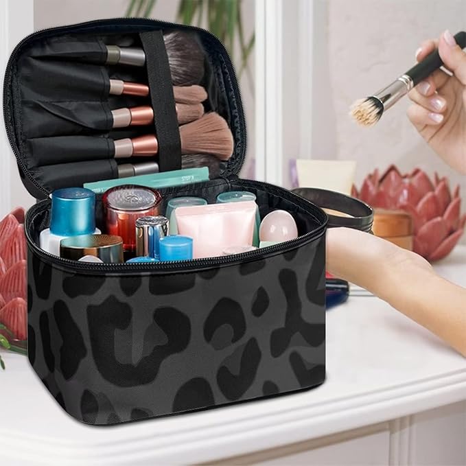 Drydeepin Black Grey Animal Cheetah Leopard Pattern Makeup Bags for Women Large Capacity Travel Organizer Storage Toiletry Pouch with Zipper and Carry Handle Portable Cosmetic Bag