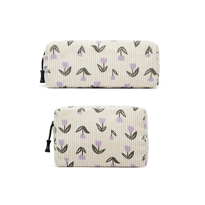 ZOEMTIU Makeup bag set small Cosmetic bag for women purse Corduroy Organizer with interior Pockets,cute Pencil zipper Pouch travel Toiletry Bag with handle(Tulip Purple)