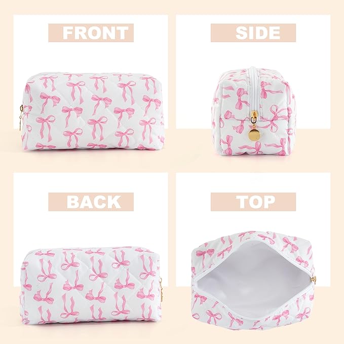 UUYUUY Makeup Bag Travel Toiletry Bag for Women, Small Cosmetic Bags Cute Quilted Cotton Makeup Pouch for Purse Emergency Bag Pencil Case Accessory Bag, Ribbon Bow