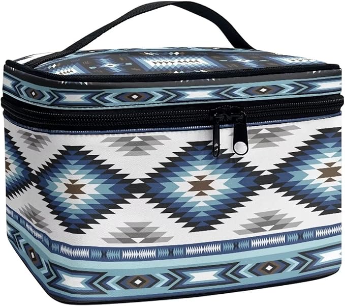 Drydeepin Western Makeup Bags for Woment Tribal Ethnic Tribal Aztec Navajo Portable Cosmetic Travel Bags with Zipper and Carry Handle Large Capacity Toiletry Case Organizer Storage Pouch