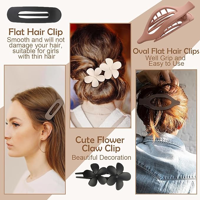 6 Pack Large Flat Claw Clips for Women, French Matte Non Slip Flat Hair Clips, 3 Styles Strong Hold Side Slide Barrettes for Thick Thin Fine Hair, Duckbill No Crease Hair Accessories (Pink&Blue)