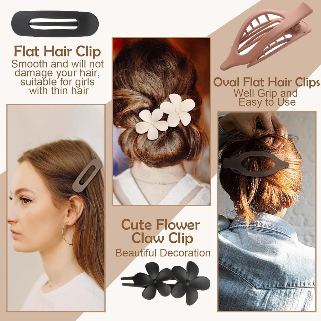 6 Pack Large Flat Claw Clips for Women, French Matte Non Slip Flat Hair Clips, 3 Styles Strong Hold Side Slide Barrettes for Thick Thin Fine Hair, Duckbill No Crease Hair Accessories (Pink&Blue)