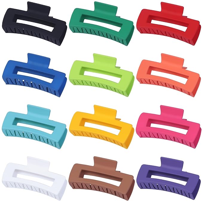Sisiaipu 4.1 Inch Jumbo Claw Clips for Thick Hair - 12 Pcs Square Hair Accessories for Women and Girls - Dopamine