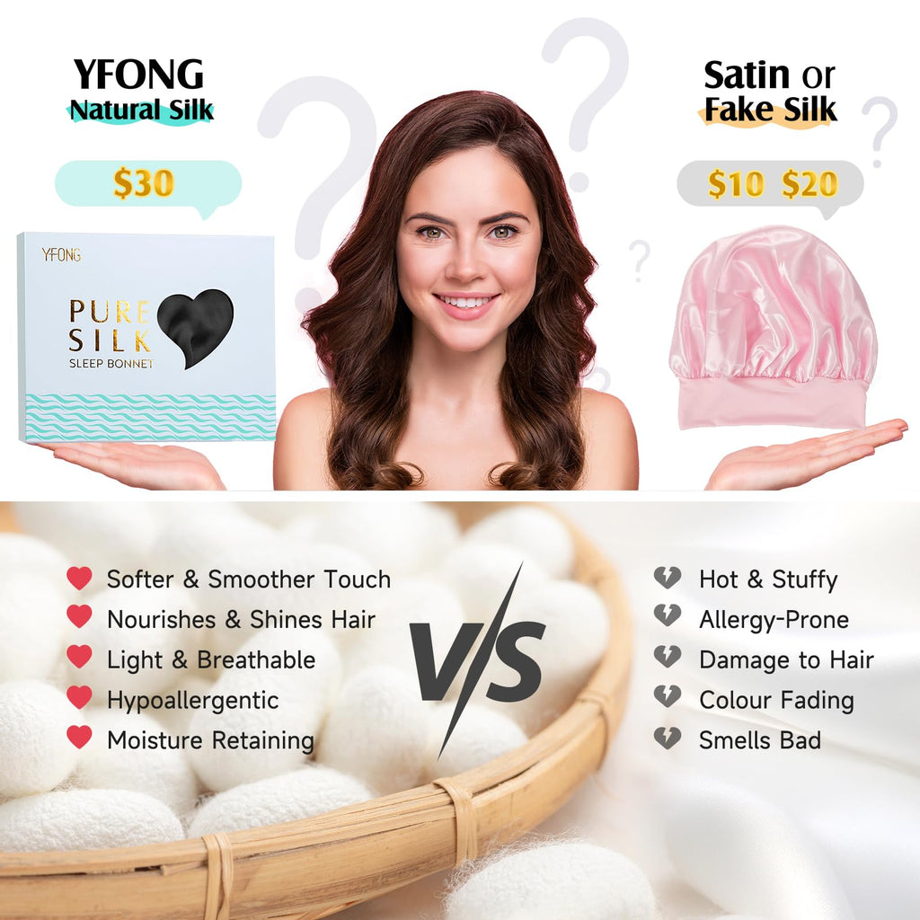 YFONG 100% Mulberry Silk Bonnet for Sleeping Women Men, Large Double Layer