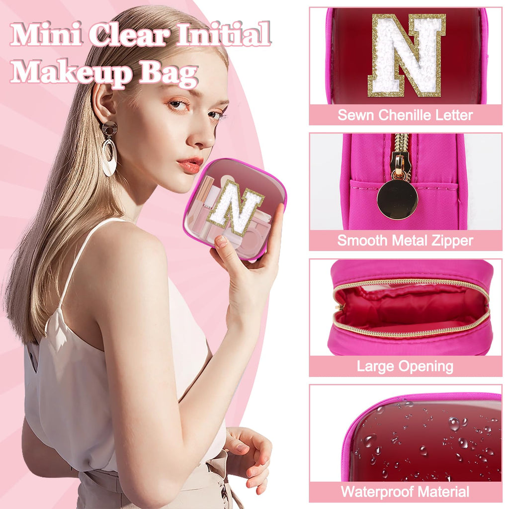 Mini Clear Personalized Initial Makeup Bag,Nylon Preppy A-Z Chenille Letter Patch Zipper Cosmetic Bag, Small Cute Beach Pouch Travel Purse Sanitary Napkin Storage Bag for Women Girls(Hot Pink-White N)