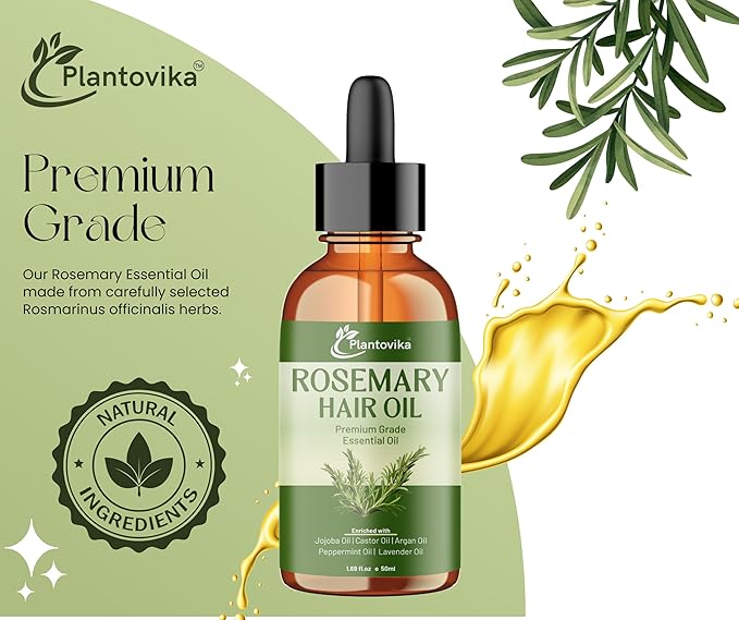 Plantovika Rosemary Oil for Hair Growth, Enriched with Jojoba, Castor, Argan, Peppermint & Lavender Oils, Scalp & Hair Strengthening Treatment, 1.69 oz
