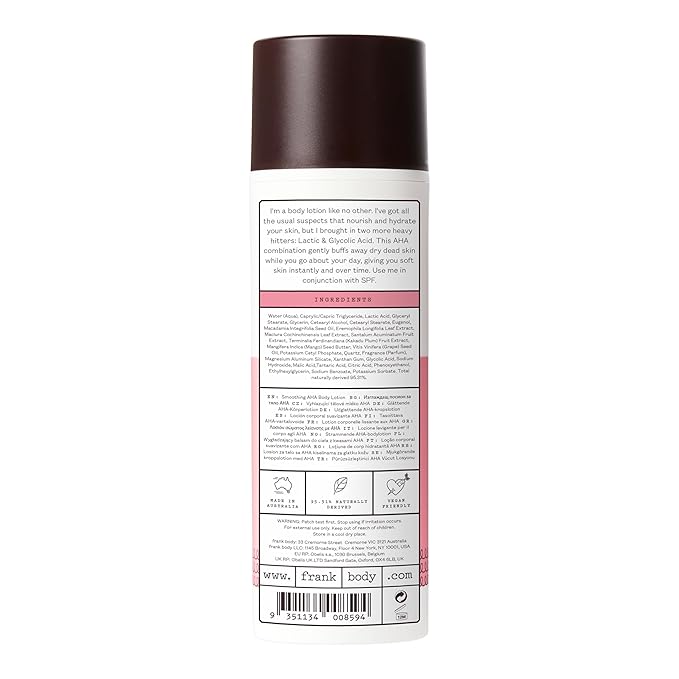 Frank Body Smoothing AHA Body Lotion | Vegan, Cruelty Free, Body Exfoliant | Fights Breakouts and Hydrates Skin with Lactic & Glycolic Acids, Hydrating Oils, & Mango Seed Butter | 4.73 fl oz / 140 ml