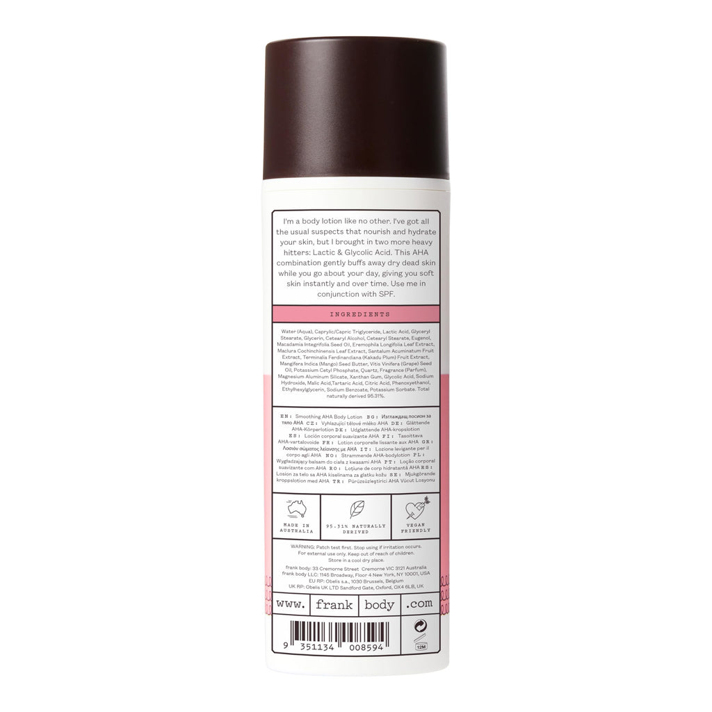 Frank Body Smoothing AHA Body Lotion | Vegan, Cruelty Free, Body Exfoliant | Fights Breakouts and Hydrates Skin with Lactic & Glycolic Acids, Hydrating Oils, & Mango Seed Butter | 4.73 fl oz / 140 ml