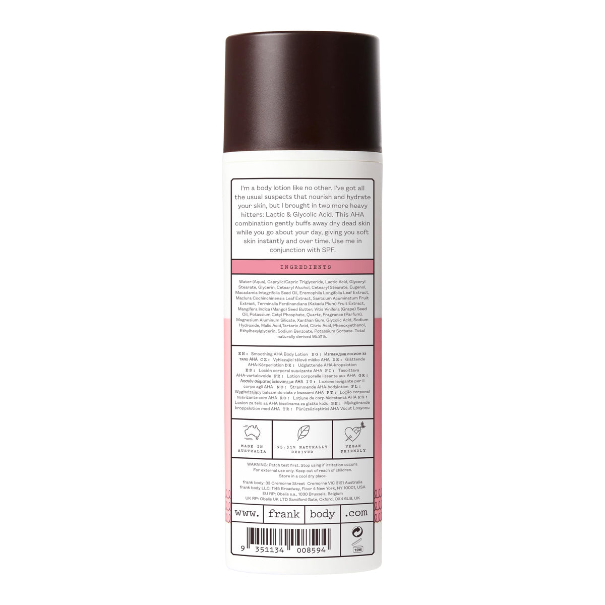 Frank Body Smoothing AHA Body Lotion | Vegan, Cruelty Free, Body Exfoliant | Fights Breakouts and Hydrates Skin with Lactic & Glycolic Acids, Hydrating Oils, & Mango Seed Butter | 4.73 fl oz / 140 ml