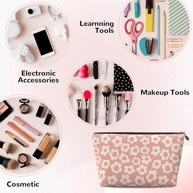 BEIANSHUO Vintage Pink Flower Small Makeup Bag for Women - Leather Travel Cosmetic Bag Make Up Pouch Mini Travel Zipper Pouch - Makeup Organizer Bag