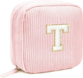 Cute Monogram Initial Makeup Bag - Pink Cosmetic Pouch Make Up Case, Friendship, Birthday Gifts(Letter T, Pink)