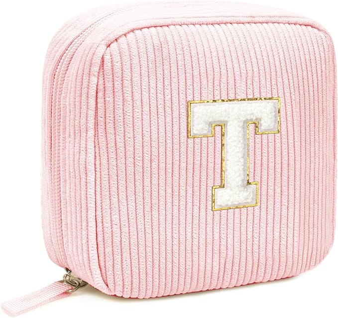 Cute Monogram Initial Makeup Bag - Pink Cosmetic Pouch Make Up Case, Friendship, Birthday Gifts(Letter T, Pink)
