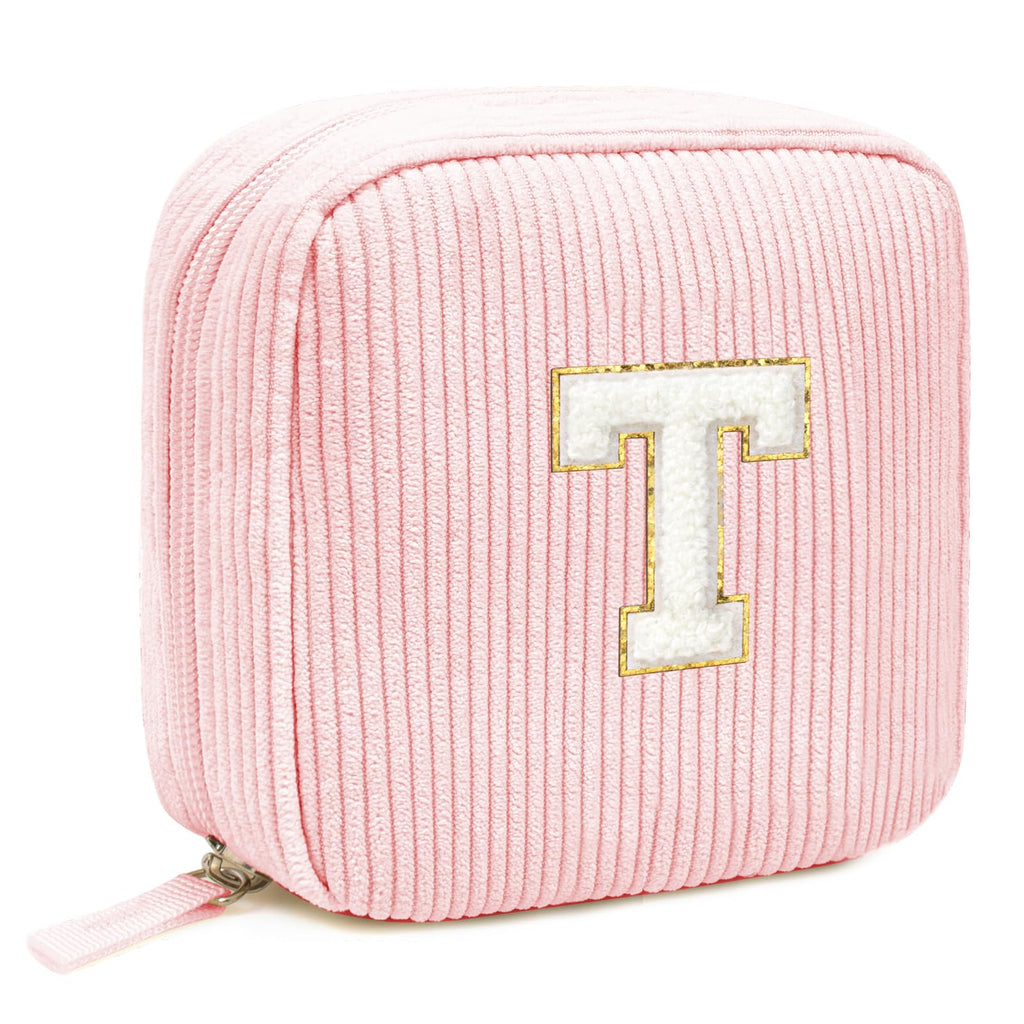 Cute Monogram Initial Makeup Bag - Pink Cosmetic Pouch Make Up Case, Friendship, Birthday Gifts(Letter T, Pink)