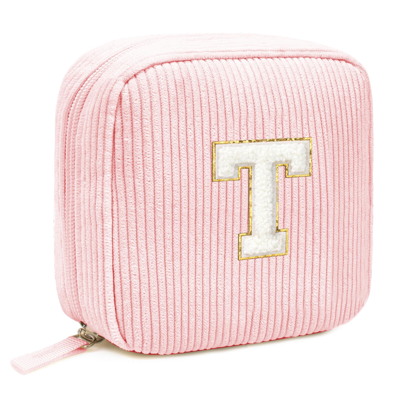 Cute Monogram Initial Makeup Bag - Pink Cosmetic Pouch Make Up Case, Friendship, Birthday Gifts(Letter T, Pink)