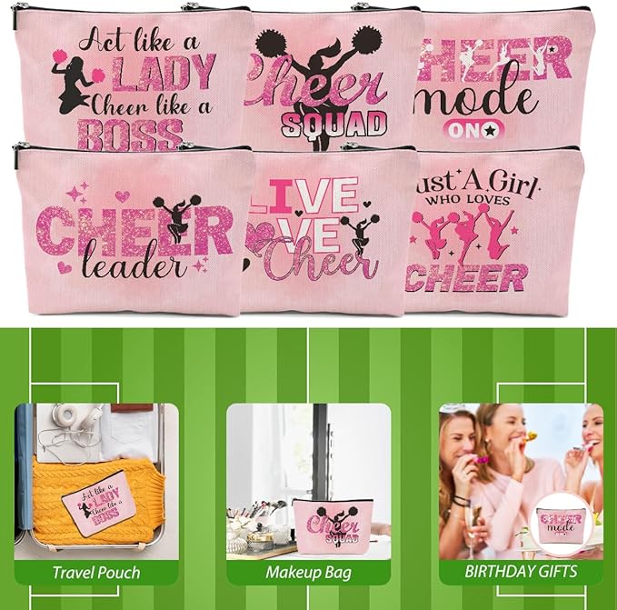 CQM Cheerleader Gifts, 6 Pcs Cheer Makeup Bag, Cosmetic Bag For Women Girls Sisters Teammates Travel Toiletry Bag, Graduation Birthday Gifts Cheer Team Gifts